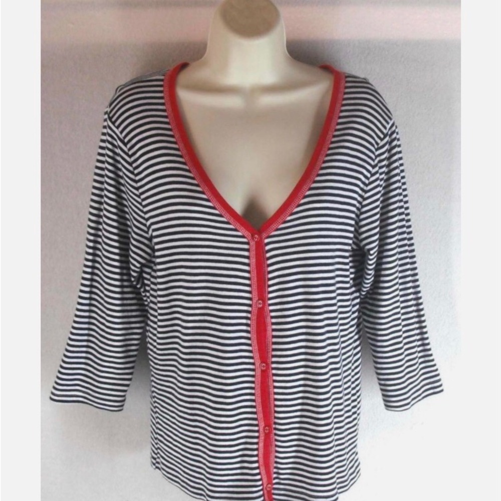 ONQUE CASUALS top sz M 100% Cotton Knit V neck Cardigan Black White Stripes